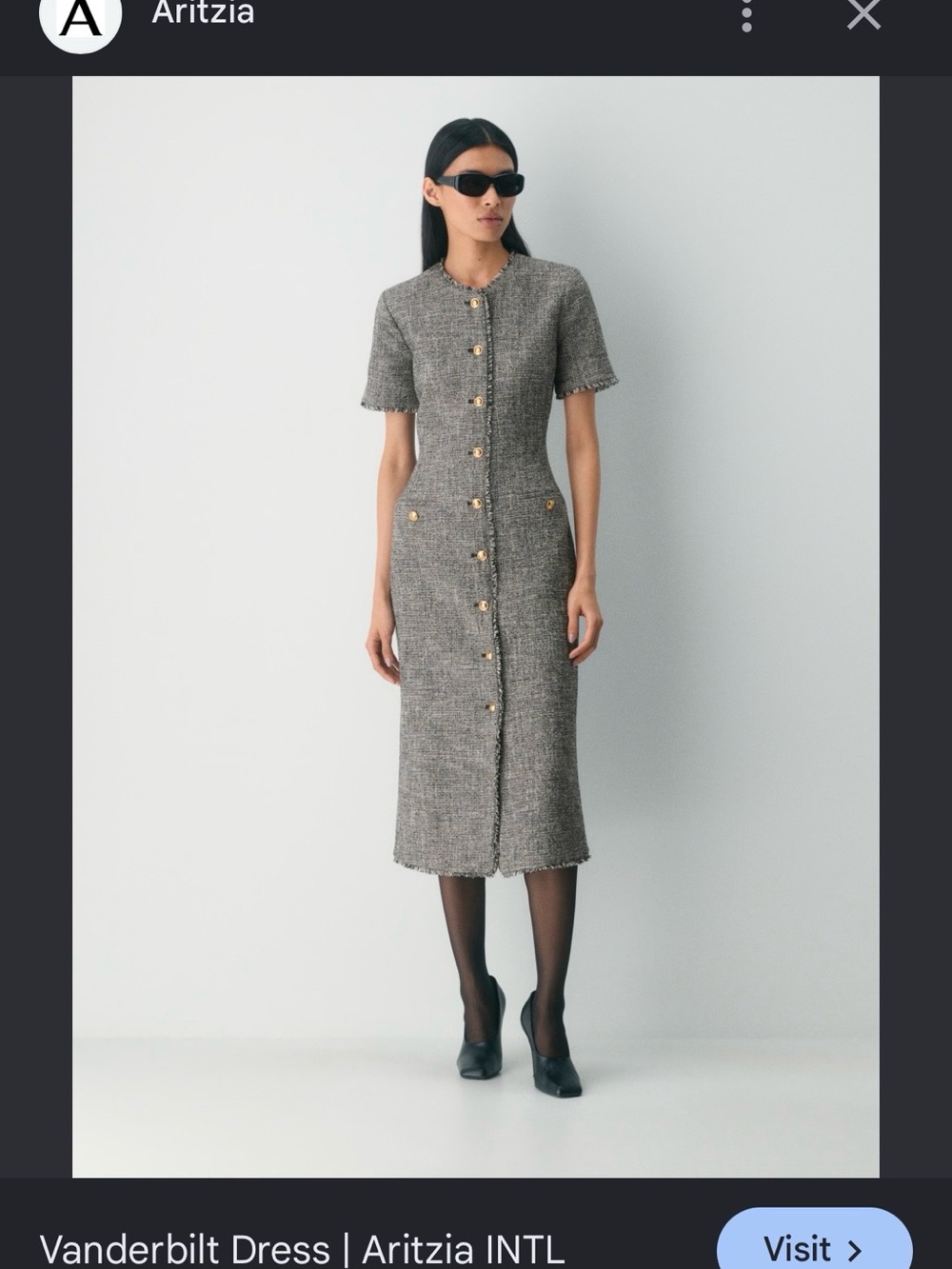 Aritzia Vanderbilt Tweed Midi Dress in Gray with Gold Buttons